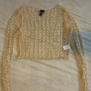 windsor sheer longsleeve top with pearl and rhinestone detailing size small